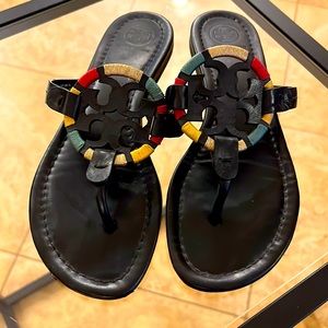 Tory Burch Black Leather Miller Sandal Red, Yellow, Gold and Green Detail. 7 1/2
